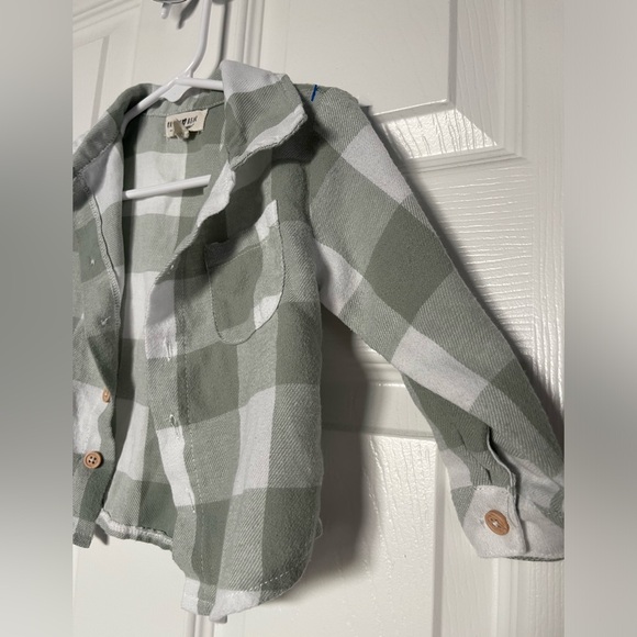 Toddler Rabbit & Bear 100% Organic Cotton Olive Green & White Flannel Button Up - Picture 2 of 5